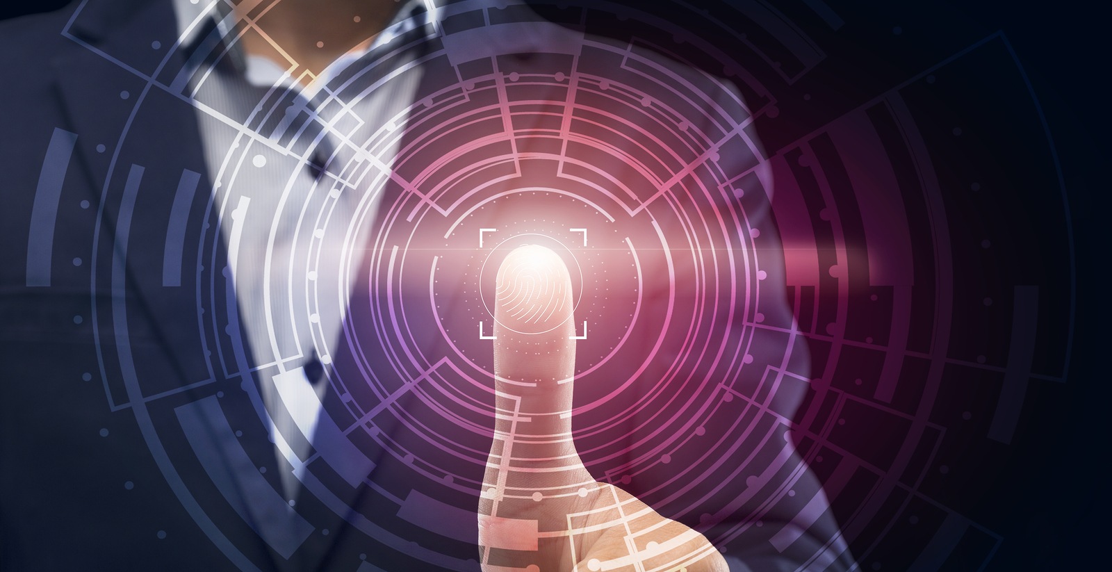 Fingerprint authentication. Businessman Scanning Finger Print Touching Virtual Panel For Personal Data Access. Panorama, Closeup, Cropped