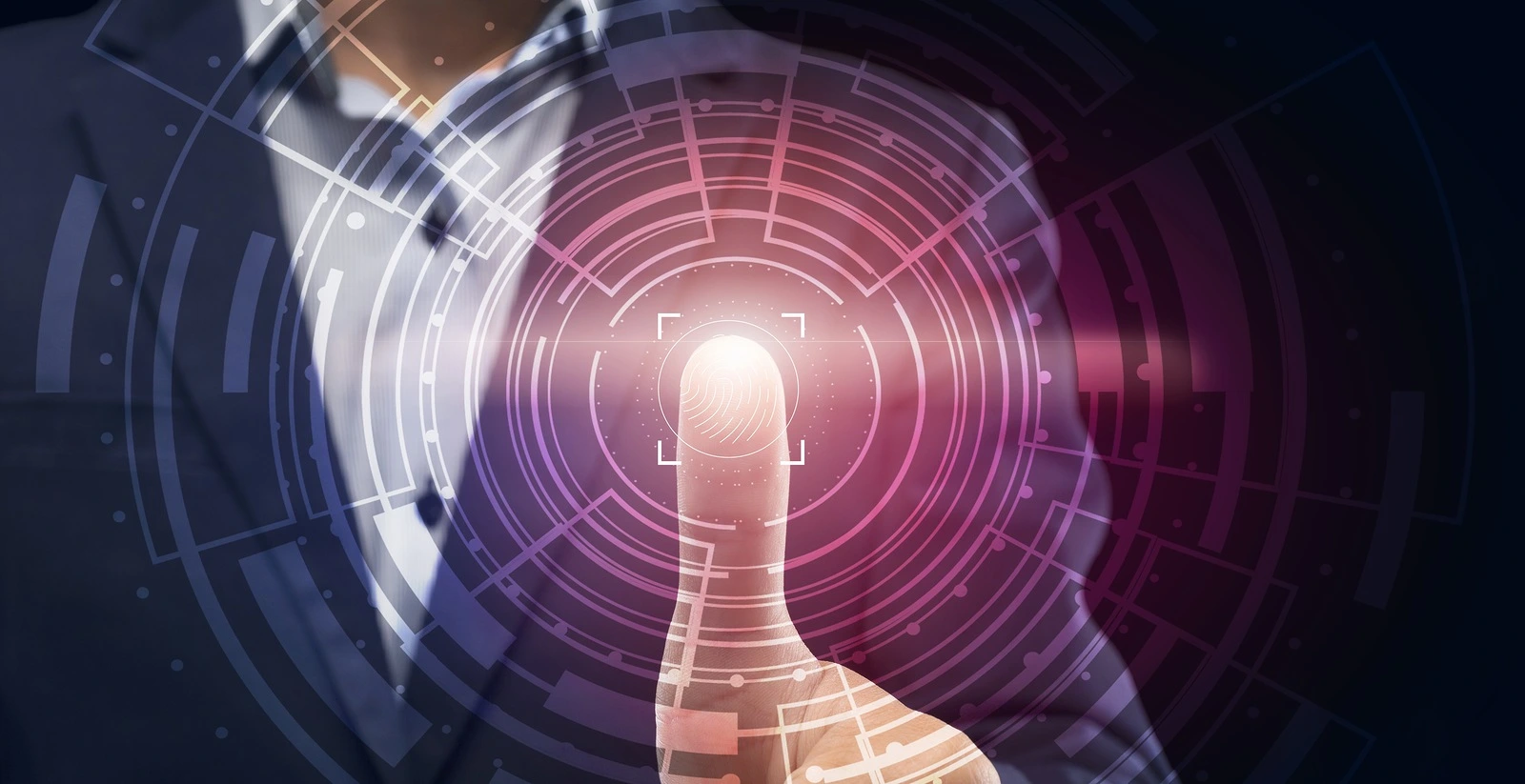 Fingerprint authentication. Businessman Scanning Finger Print Touching Virtual Panel For Personal Data Access. Panorama, Closeup, Cropped