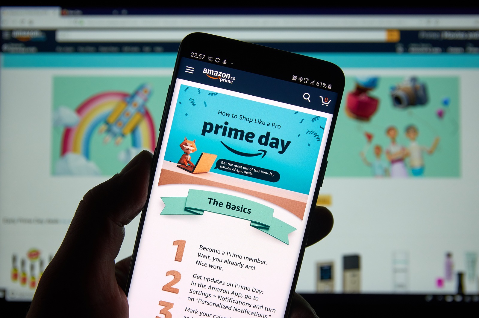 MONTREAL, CANADA - JULY 11, 2019 : Amazon prime day instruction on how to shop like a pro on a cell phone. Amazon Prime Day is the retailers big members-only summer sale in month of July each year