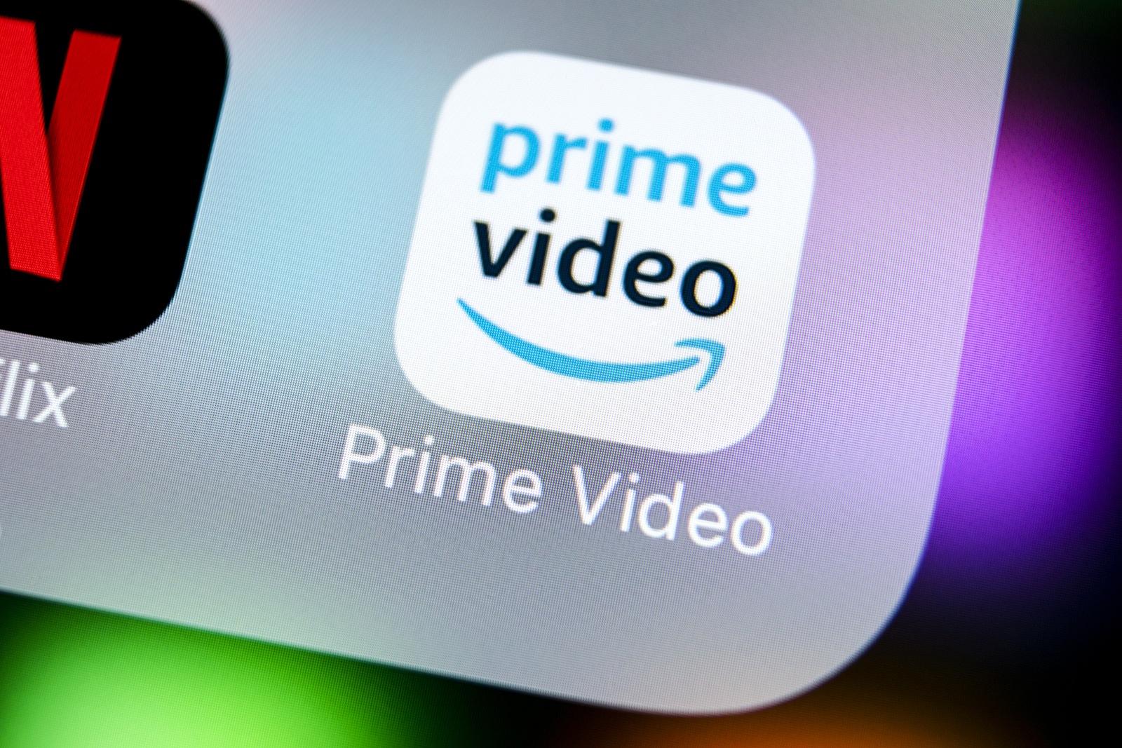 Sankt-Petersburg, Russia, March 22, 2018: Amazon Prime Video application icon on Apple iPhone X screen close-up. Amazon Prime Video app icon. Amazon Prime application. Social media network