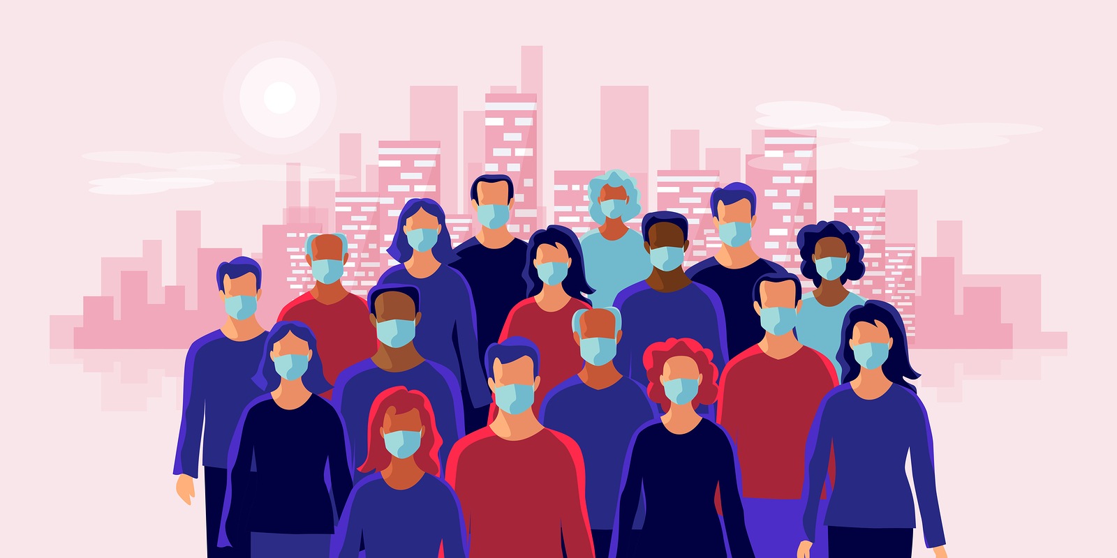 Group of people wearing protective medical face mask to protect and prevent virus, disease, flu, air pollution, contamination, corona. Many ages old man woman in the city skyline. Vector illustration.