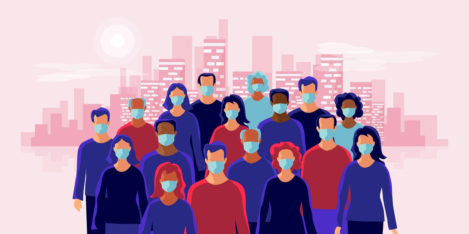 Group of people wearing protective medical face mask to protect and prevent virus, disease, flu, air pollution, contamination, corona. Many ages old man woman in the city skyline. Vector illustration.
