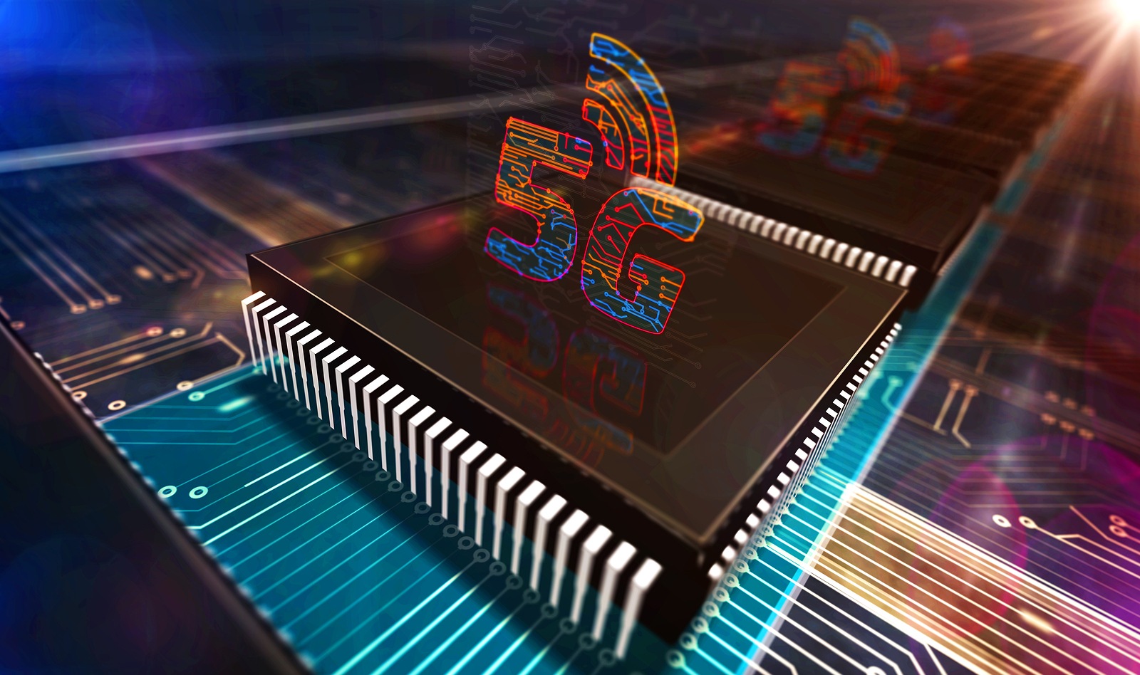 5G, futuristic technology, modern communication and IoT. Mobile phone network production line abstract 3d rendering illustration. Processor factory with laser burning of 5G symbols.