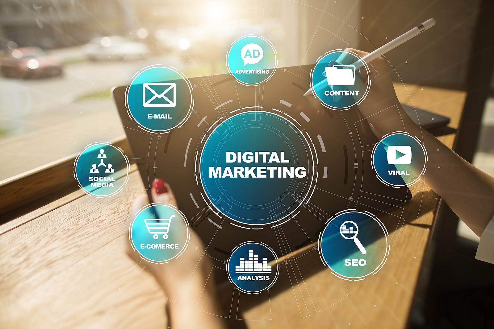 Digital marketing technology concept. Internet. On-line. Search Engine Optimization. SEO. SMM. Video advertising.