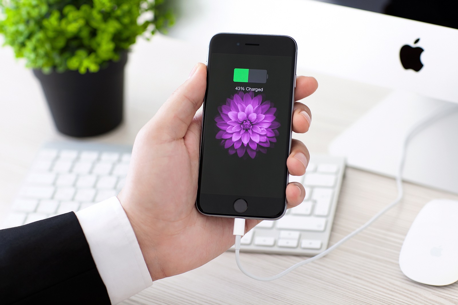 Alushta Russia - November 2 2014: Man holding an iPhone 6 Space Gray with battery icon on the screen. iPhone 6 was created and developed by the Apple inc.