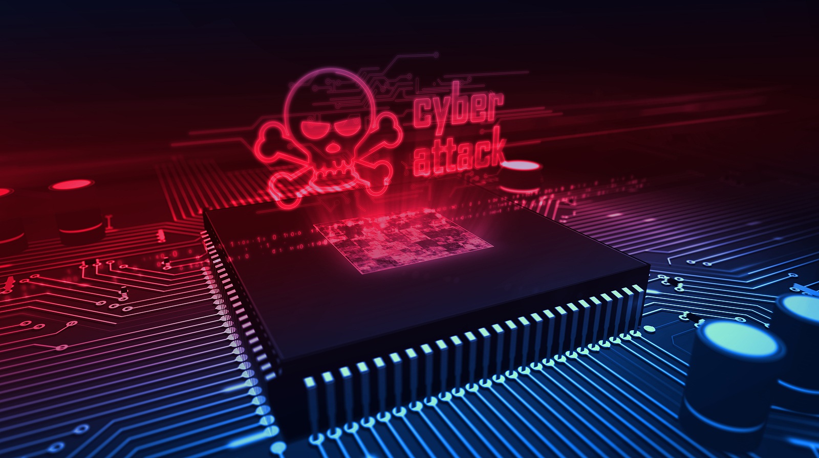 Cyber attack and skull glowing hologram over working CPU in background. Danger alert, threat, infection and warning abstract concept with skull symbol. Futuristic 3d illustration.