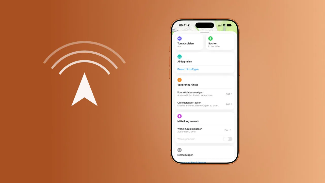 AirTag precision finding in the Find My app: the item view with the buttons for playing a sound and searching, including the nearby hint