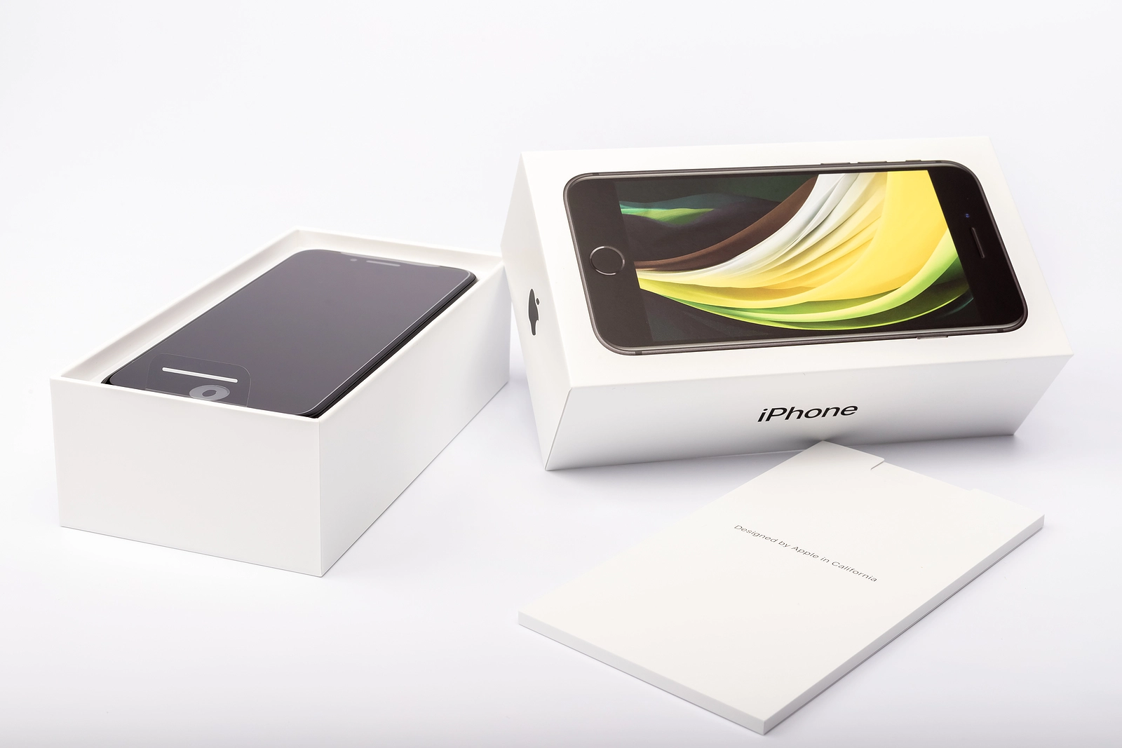 Paris, France - May 14, 2020: Packaging of the new black iPhone SE 2020 from the multinational company Apple during the days of its studio release on a white background