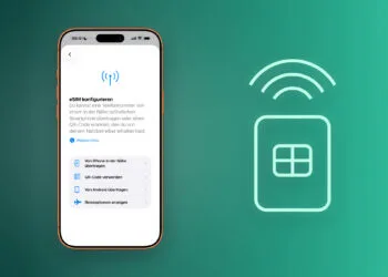 iPhone showing the eSIM setup screen next to an illustrated SIM card with signal waves, setting up an eSIM on iPhone