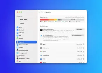 Freeing up storage space on a MacBook: the storage overview in System Settings with a bar chart, recommendations and the categories for apps, documents and photos