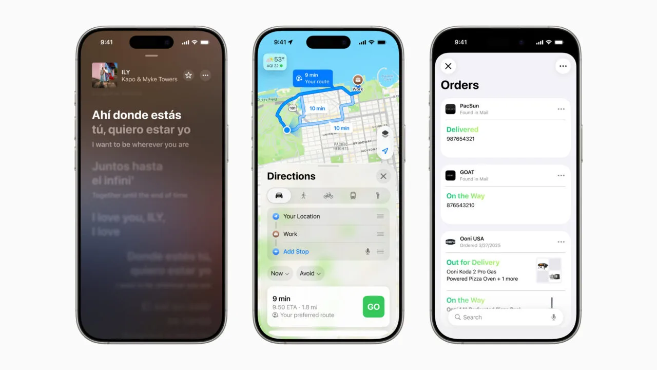 Three iPhones showing features available only on newer iPhones in iOS 26: song lyrics in Apple Music, route planning in Maps and the order overview in Wallet