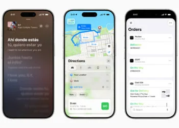 Three iPhones showing features available only on newer iPhones in iOS 26: song lyrics in Apple Music, route planning in Maps and the order overview in Wallet