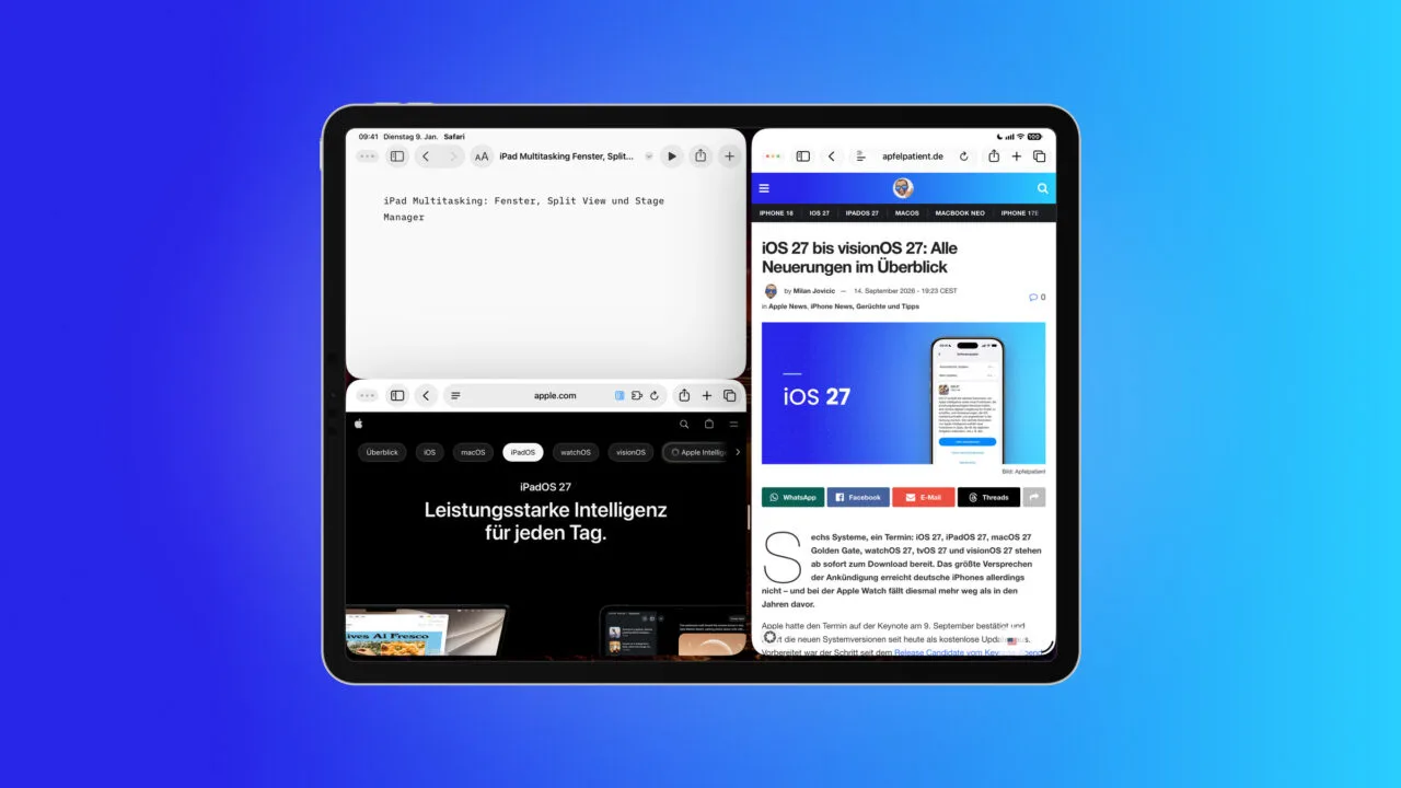 iPad multitasking with three open windows side by side: two Safari windows showing a website and the Apple page for iPadOS 27