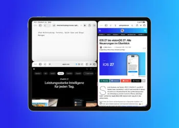 iPad multitasking with three open windows side by side: two Safari windows showing a website and the Apple page for iPadOS 27