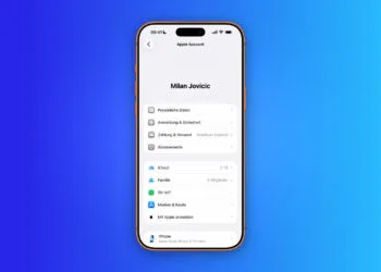 Create Apple Account: Apple Account overview page in iPhone settings with personal data redacted