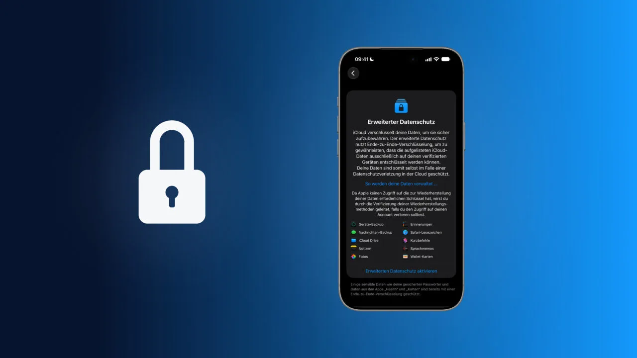 Advanced Data Protection for iCloud: iPhone showing the Advanced Data Protection settings page with the list of protected data and the Turn On option, next to a padlock