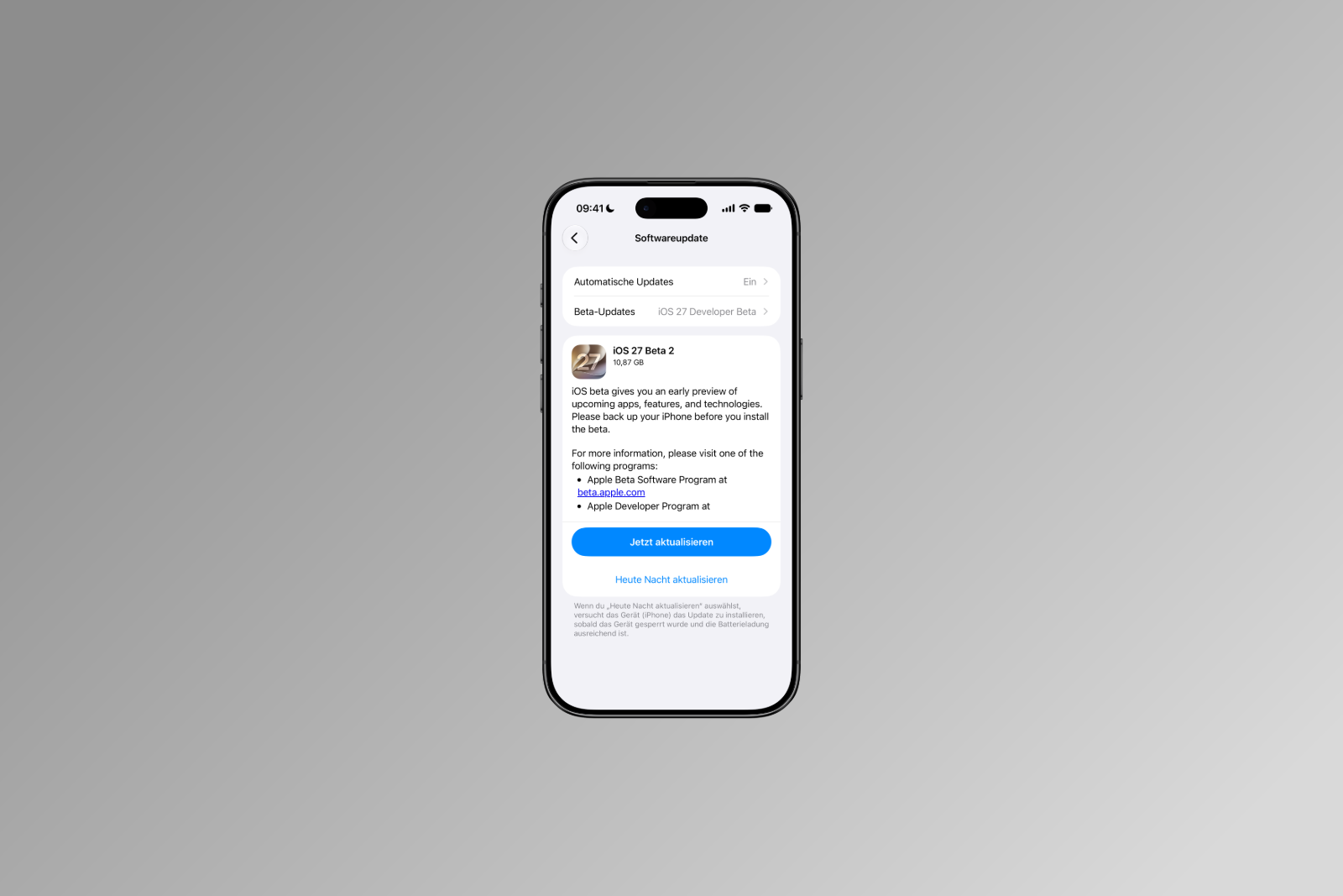 iOS 27 Beta 2 is ready for installation in the Software Update section of the iPhone settings.