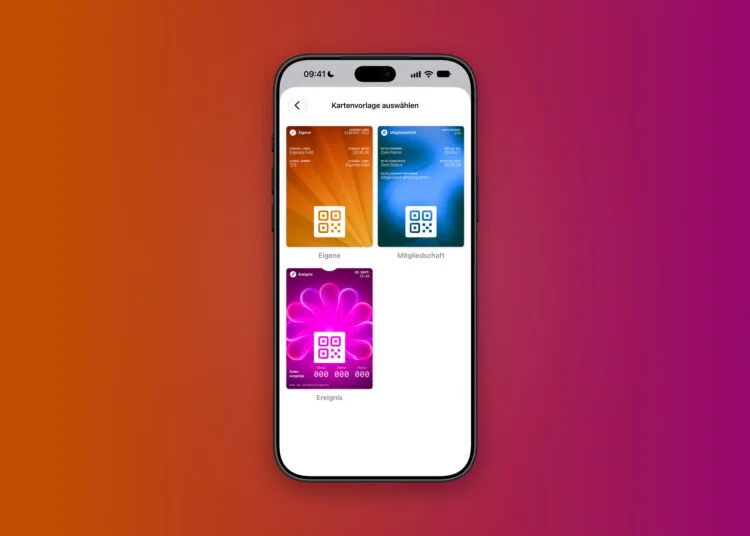 Create a Pass in iOS 27: selection of the Custom, Membership and Event card templates in the Wallet app