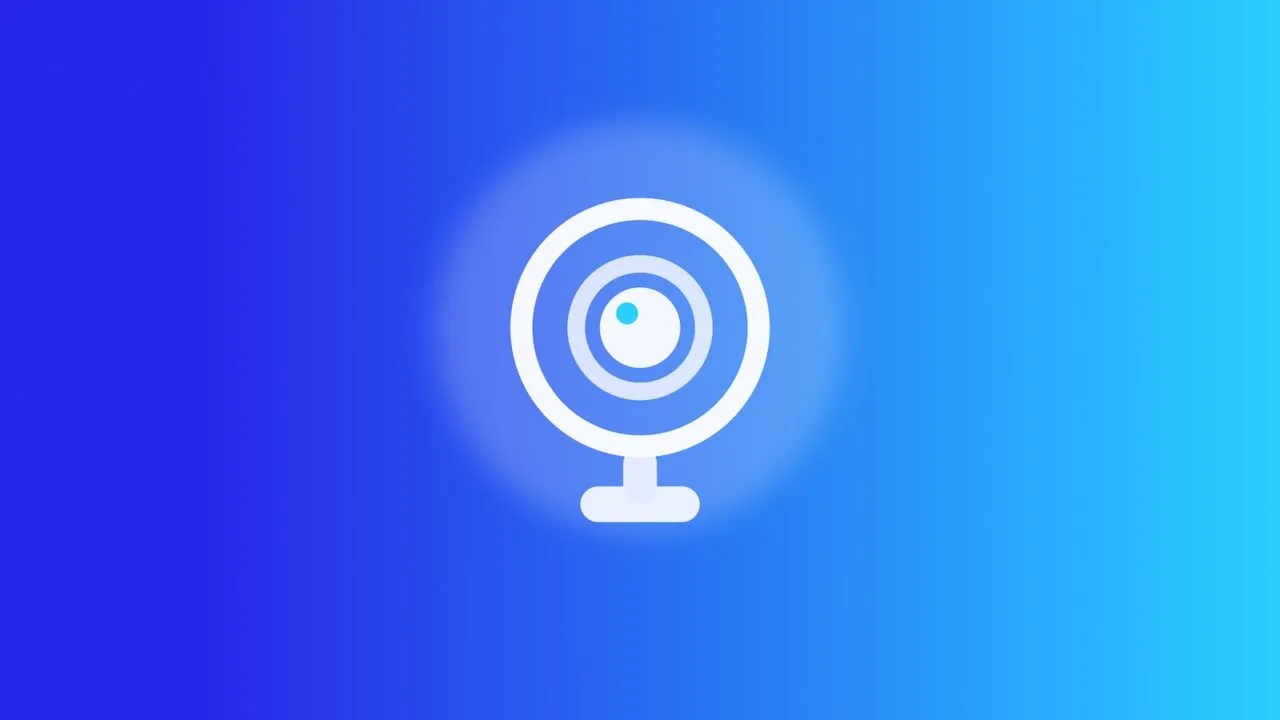 Apple Security Camera: illustrated ring camera on a stand, blue gradient
