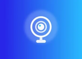 Apple Security Camera: illustrated ring camera on a stand, blue gradient