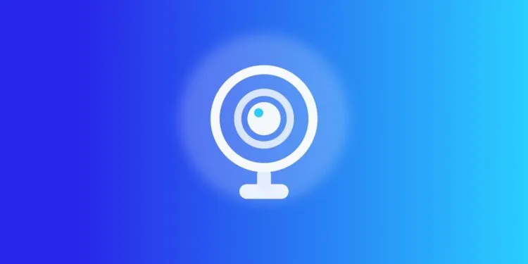 Apple Security Camera: illustrated ring camera on a stand, blue gradient
