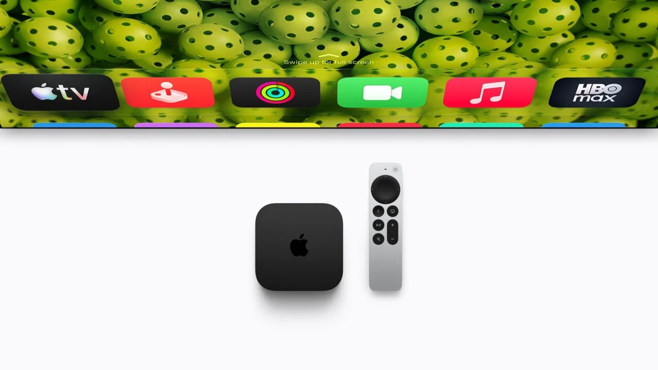 Apple TV 4K with Siri Remote, below a TV showing the tvOS Home Screen with app icons