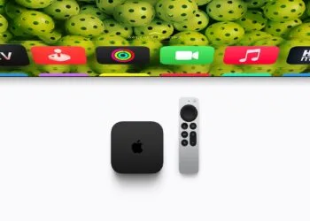 Apple TV 4K with Siri Remote, below a TV showing the tvOS Home Screen with app icons