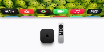 Apple TV 4K with Siri Remote, below a TV showing the tvOS Home Screen with app icons