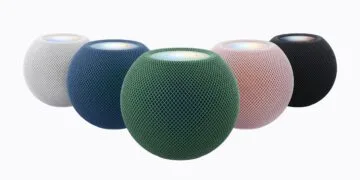 HomePod mini 2 in five colors, white, blue, green, pink and midnight, each with an illuminated top