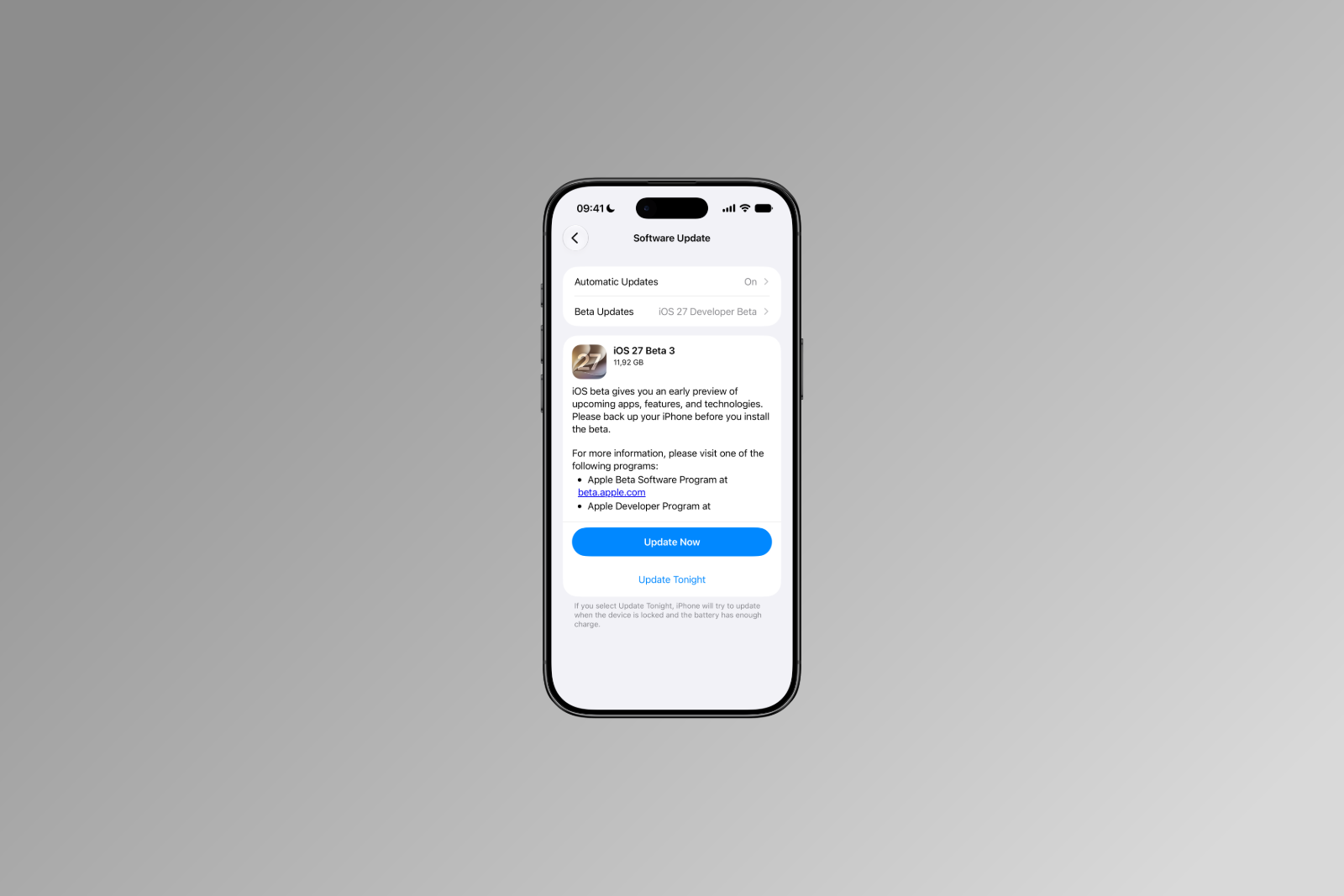 iOS 27 Beta 3 is ready for installation in the Software Update section of the iPhone settings.