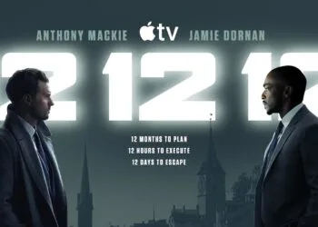 Key art for the series 12 12 12 on Apple TV showing the two lead actors in front of a city skyline