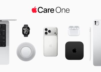 AppleCare One logo above a MacBook, Apple Watch, HomePod, iPhone, AirPods, Apple TV, Apple Pencil and iPad, the device classes AppleCare One covers in Germany