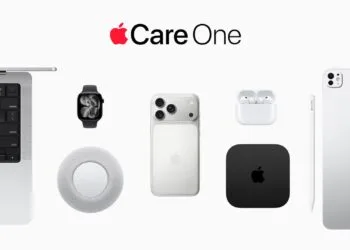 AppleCare One logo above a MacBook, Apple Watch, HomePod, iPhone, AirPods, Apple TV, Apple Pencil and iPad, the device classes AppleCare One covers in Germany