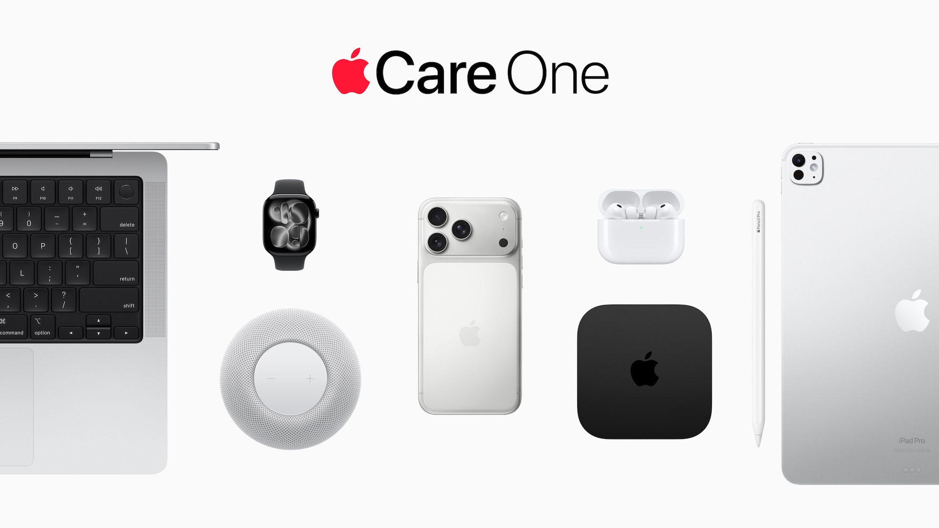 AppleCare One logo above a MacBook, Apple Watch, HomePod, iPhone, AirPods, Apple TV, Apple Pencil and iPad, the device classes AppleCare One covers in Germany