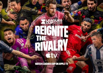Leagues Cup 2026 artwork featuring players from MLS and Liga MX and the Apple TV logo