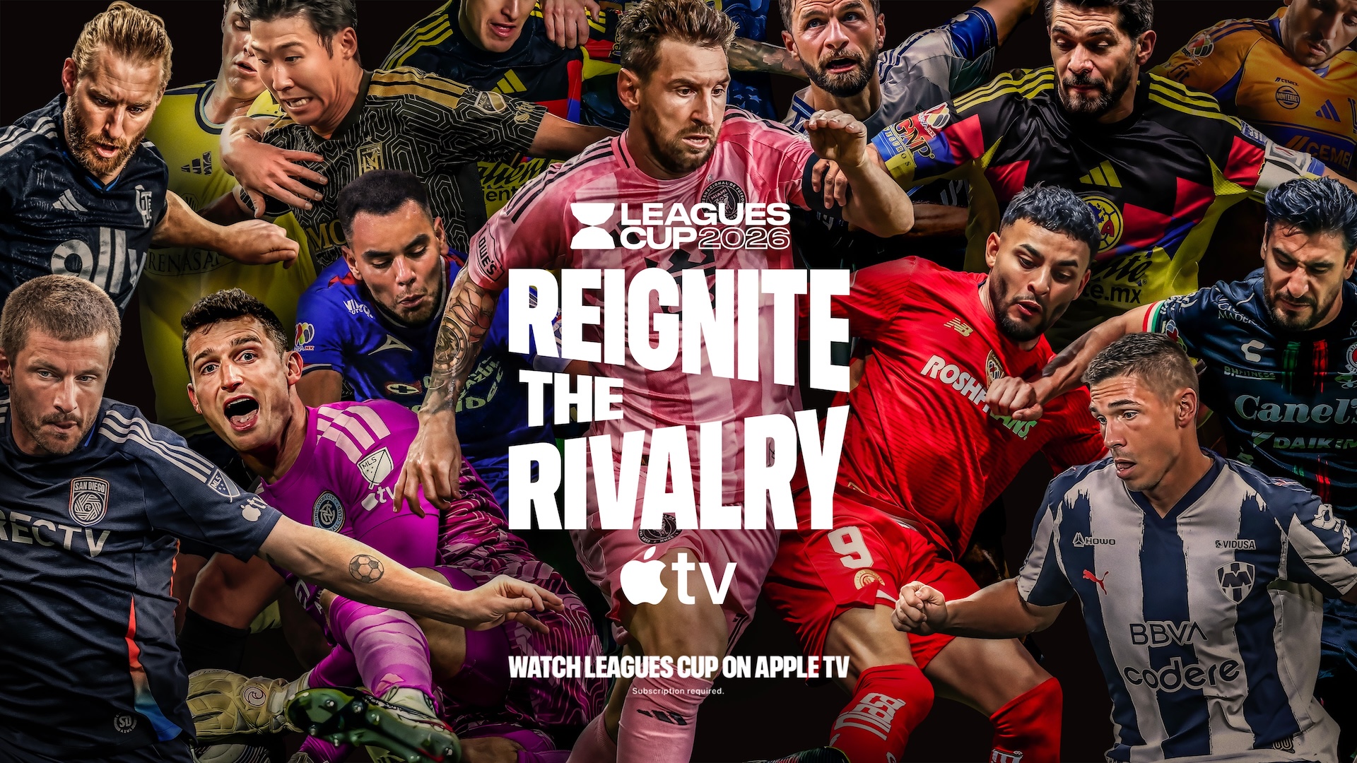 Leagues Cup 2026 artwork featuring players from MLS and Liga MX and the Apple TV logo