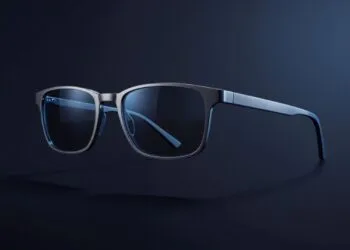 Conceptual image of smart glasses with a slim titanium frame and tinted lenses in three-quarter view