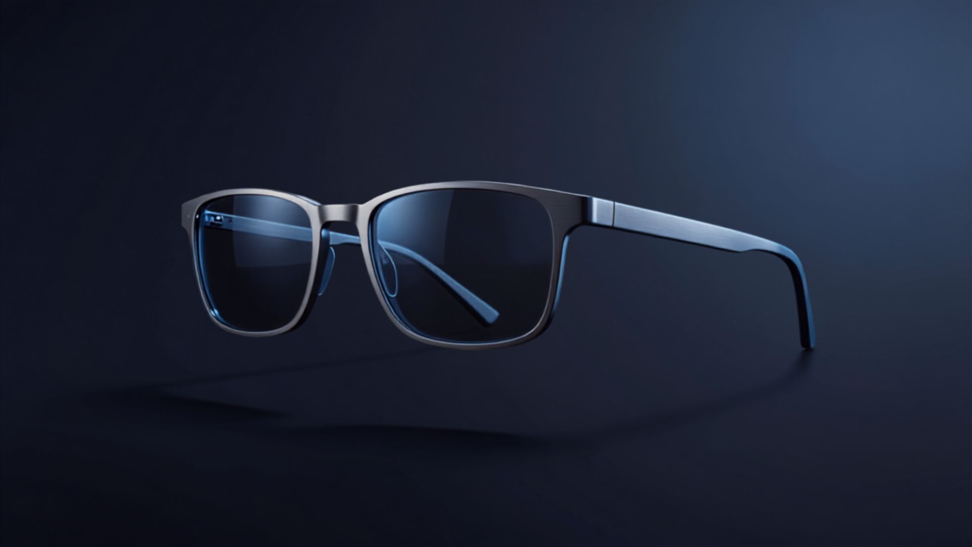 Conceptual image of smart glasses with a slim titanium frame and tinted lenses in three-quarter view