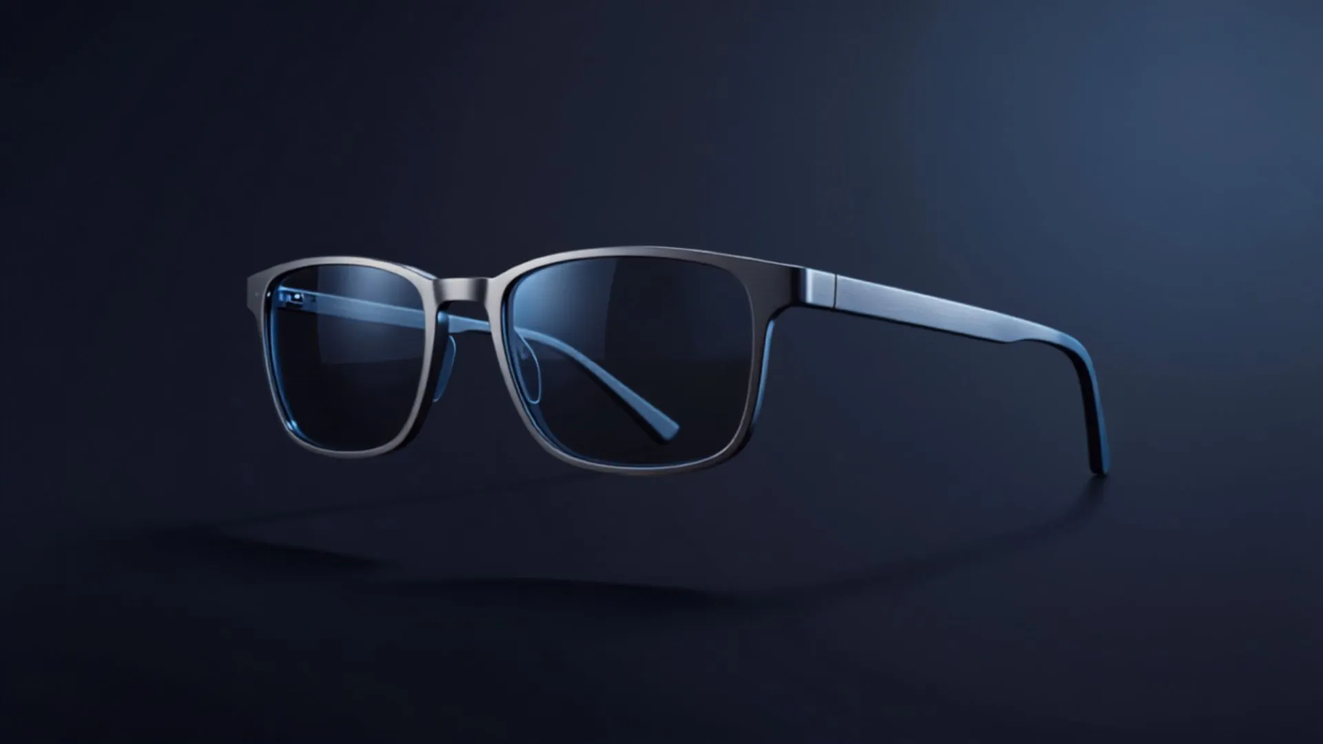 Conceptual image of smart glasses with a slim titanium frame and tinted lenses in three-quarter view