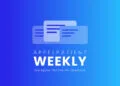 Cover image of the Apfelpatient Weekly showing illustrated stacked cards above the wordmark on a blue-to-cyan gradient