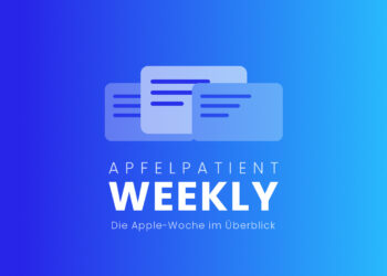 Cover image of the Apfelpatient Weekly showing illustrated stacked cards above the wordmark on a blue-to-cyan gradient