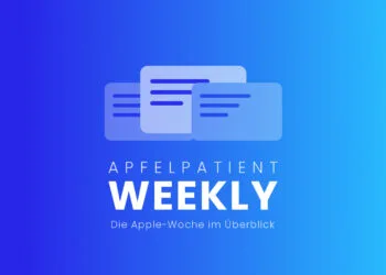 Cover image of the Apfelpatient Weekly showing illustrated stacked cards above the wordmark on a blue-to-cyan gradient