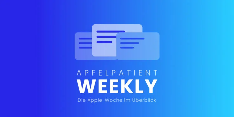 Cover image of the Apfelpatient Weekly showing illustrated stacked cards above the wordmark on a blue-to-cyan gradient