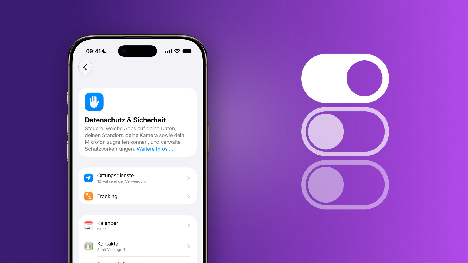 iPhone showing the Privacy and Security section with Location Services, Tracking, Calendar and Contacts, where iPhone app permissions are controlled individually
