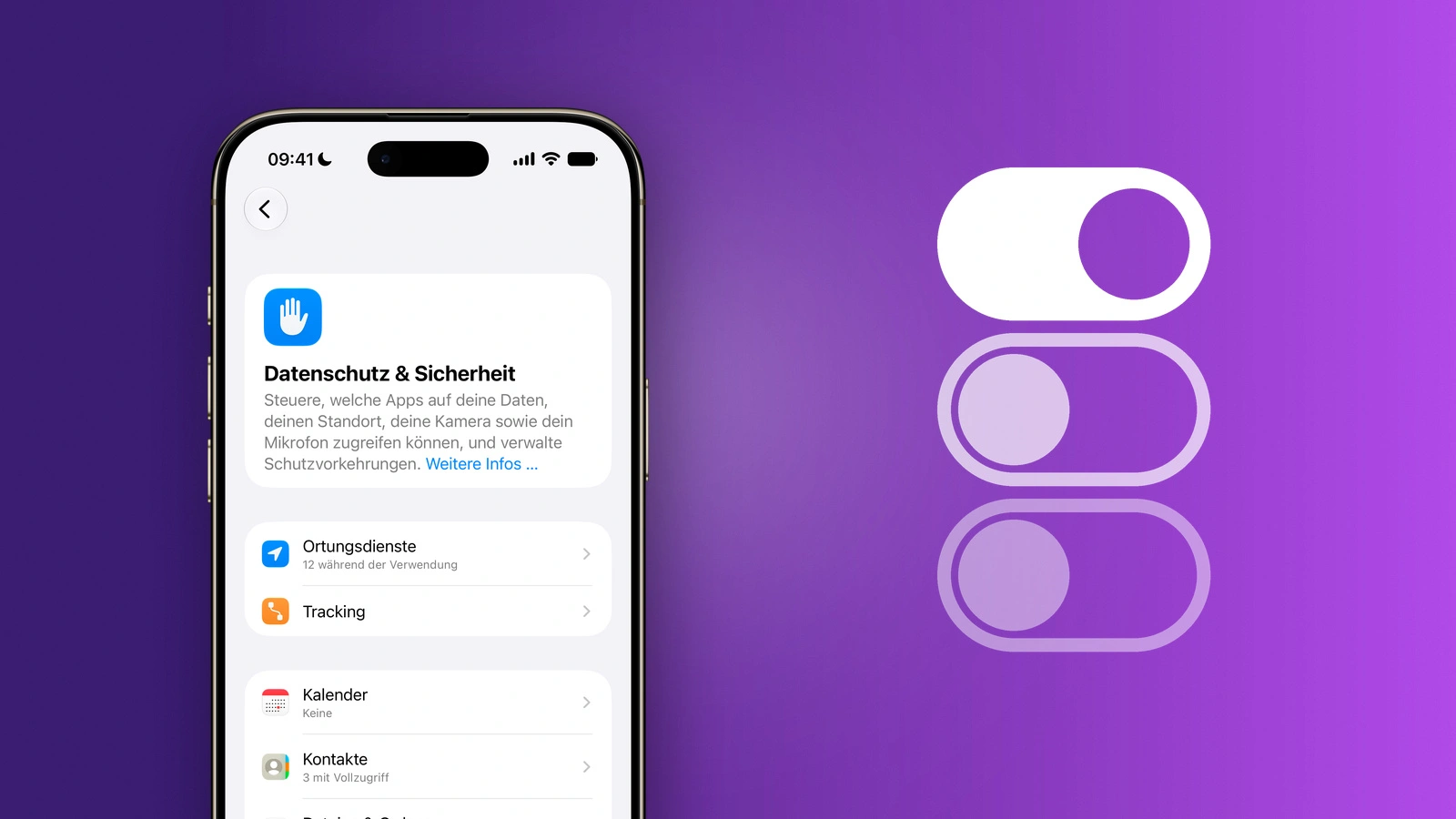 iPhone showing the Privacy and Security section with Location Services, Tracking, Calendar and Contacts, where iPhone app permissions are controlled individually