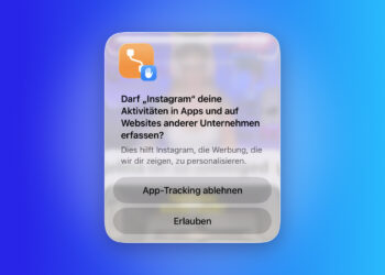 App tracking query window on the iPhone with an orange warning hand and the options to deny and allow app tracking.