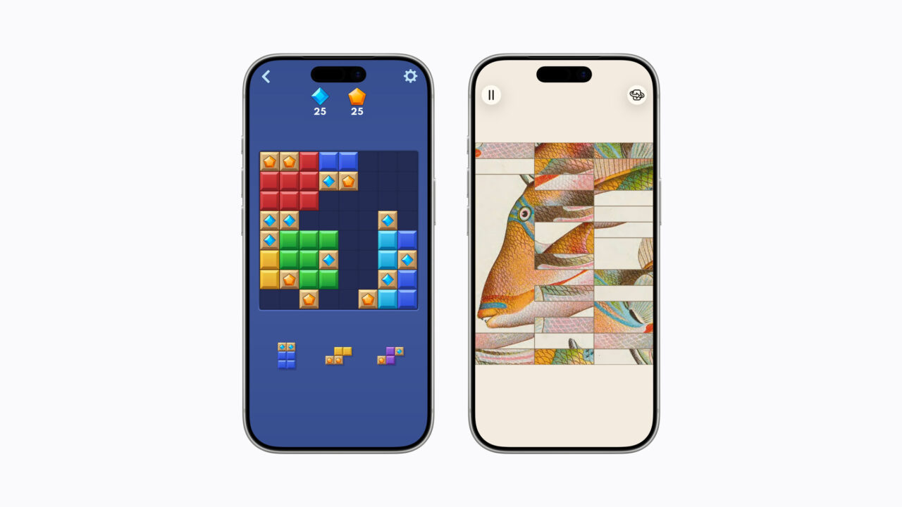 Two iPhones side by side showing gameplay from Block Blast and Art of Fauna, both new to Apple Arcade in September