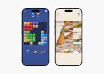 Two iPhones side by side showing gameplay from Block Blast and Art of Fauna, both new to Apple Arcade in September