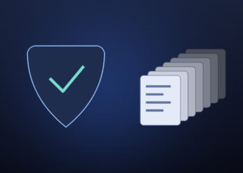 Symbolic image for Apple's bug bounty programme: a drawn shield with a checkmark beside a receding stack of incoming reports