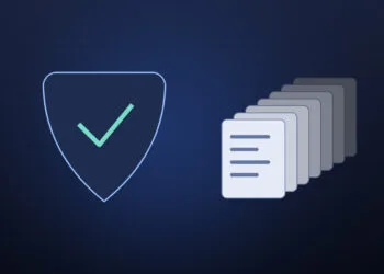 Symbolic image for Apple's bug bounty programme: a drawn shield with a checkmark beside a receding stack of incoming reports